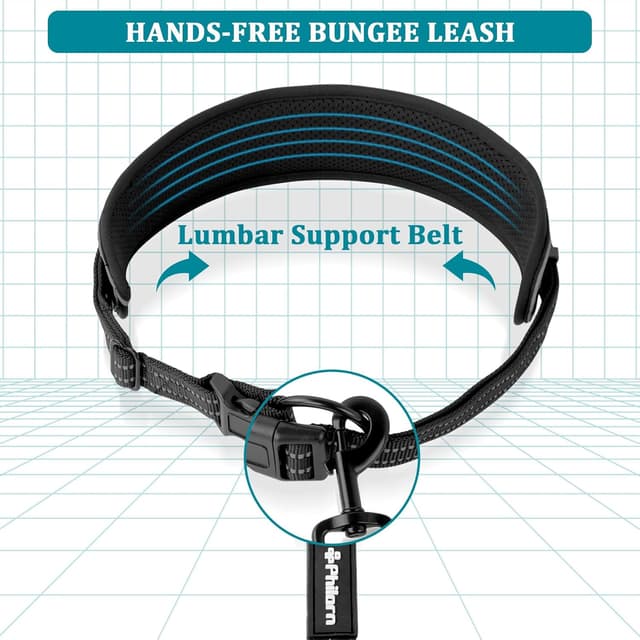 Detalle de PHILORN Philorn Joggingleine für große Hunde mit Bauchgurt, freihändigem Laufleine-System und reflektierenden Nähten (Schwarz)