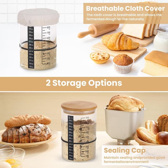 Detalle 2 de MICHIHOMIE Sauerteig Starter Gärglas-Set mit 900 ml Glas, Thermometerpapier & Holzdeckel