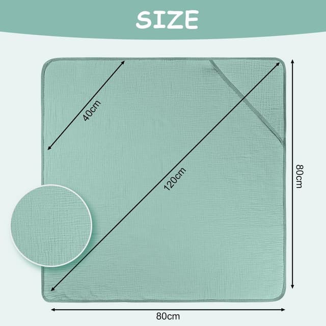 Detalle 2 de Aolso accappatoio neonato con cappuccio 80x80 cm in crêpe, asciugamano super assorbente verde