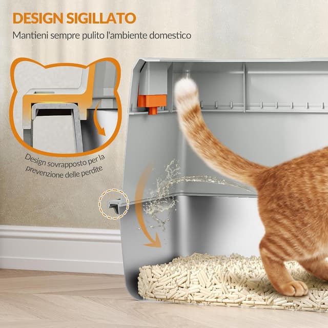 Detalle de Fobyfurny FPLB204SG1 Lettiera chiusa in acciaio inox XXL con coperchio, doppio ingresso e pedana (60 x 40 x 38 cm) – Grigio chiaro