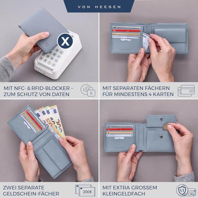 Detalle de VON HEESEN Leder-Geldbörse mit RFID-Schutz (Hellblau) – Echtleder Wallet für Damen & Herren