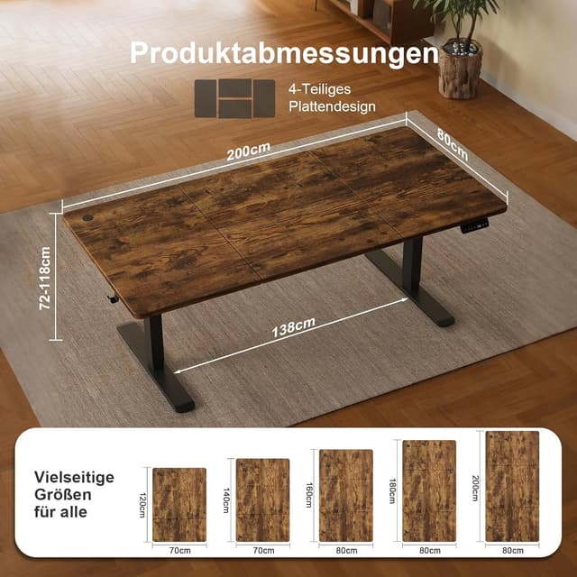 Thumbnail 1 de JUMMICO höhenverstellbarer Schreibtisch 200 x 80 cm (Steh-Sitz) mit Kabelwanne, elektrisch & USB – Vintage-Braun