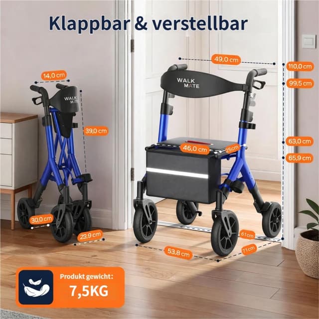 Detalle 1 de WALK MATE Rollator für große Menschen bis 2 m – höhenverstellbar, faltbar & leicht mit Sitz