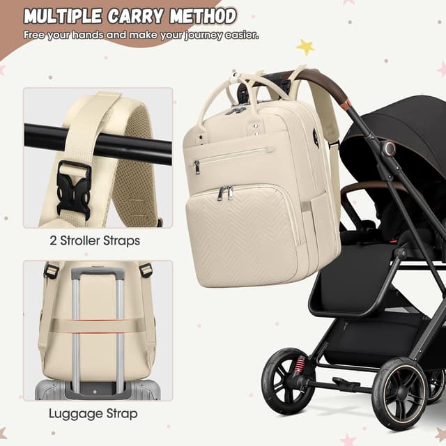 Detalle 2 de RAINSMORE Wickelrucksack für Babys: Baby-Wickeltasche mit Wickelunterlage, Windelwäschesack & isolierten Flaschentaschen (Aprikose)