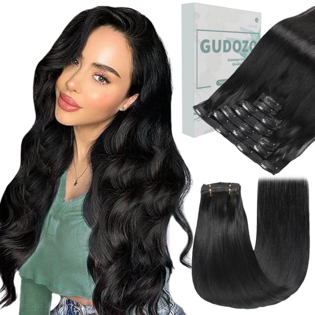 Detalle de GUDOZO Clip-in Echthaar Extensions 35 cm natürliches Schwarz (1B#) – 7-teilig, Skin Weft
