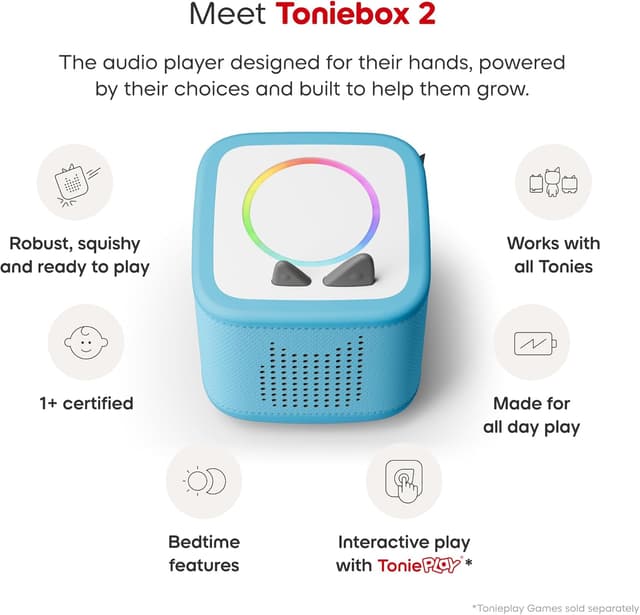 Detalle 2 de tonies Toniebox 2 Audio Player Julia Donaldson Bundle (Sky Blue) with Tabby McTat & The Superworm