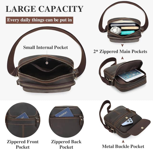 Detalle 2 de BAIGIO sac à bandoulière homme en cuir vintage marron foncé (petit sac besace)