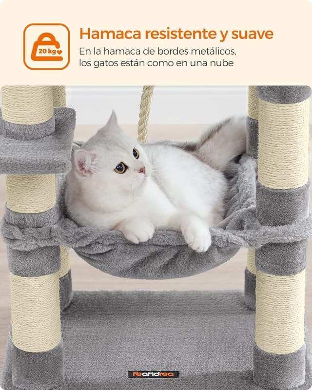 Detalle 2 de Feandrea 112 cm Cat Tree (PCT215W01) with 11 Scratching Posts, Hammock & Cave – Light Grey