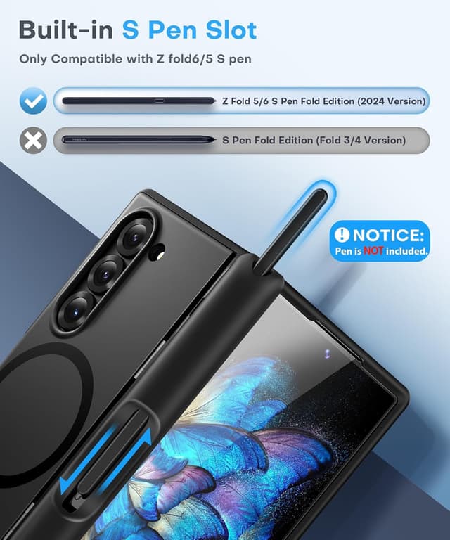 Detalle 2 de BERFY for Galaxy Z Fold 6 Case with Screen Protector, MagSafe Compatibility, Built-in Kickstand & S Pen Slot (Black)