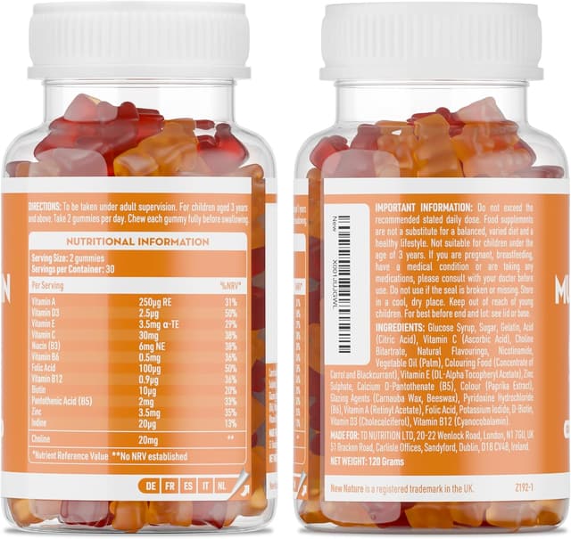 Detalle de New Nature Kinder Multivitamin Fruchtgummis mit Zink, Vitamin C & D – Kindervitamine ab 3 Jahren (60 Gummis)