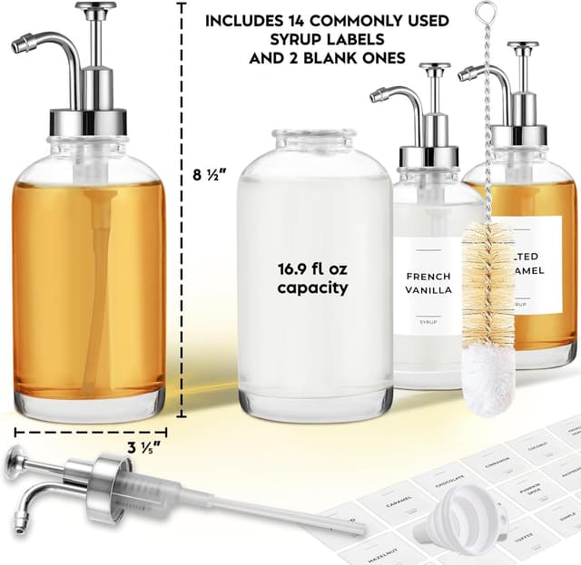 Detalle de Spaceneat Coffee Syrup Dispenser with Pump (Glass) – 500 ml bottle set with labels, brush & funnel