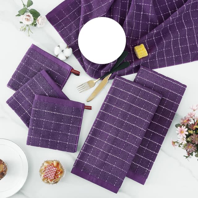 Thumbnail 5 de Homaxy Cotton Terry Kitchen Towels & Dishcloths Set (Purple), Checkered Assortment, Set of 8