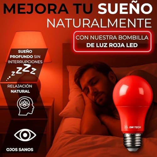 Thumbnail 1 de DM TECH Luz Roja Nocturna Melatonina E27 para dormir bebe y adultos bombilla terapia roja 0% luz azul + rosca estandar + mejora del ritmo de descanso