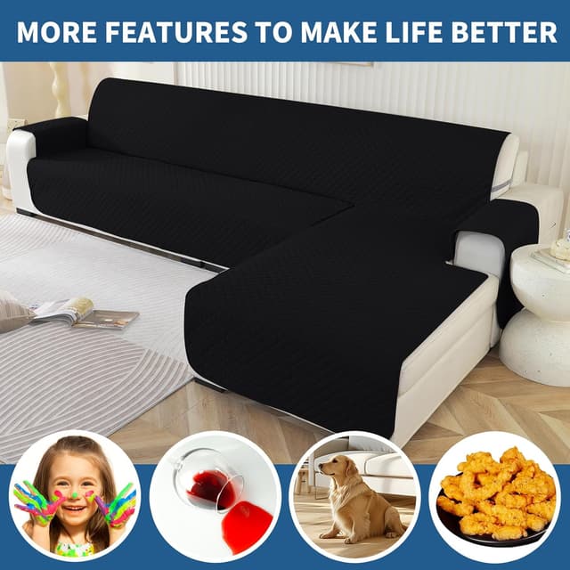 Thumbnail 6 de YSTELLAA Copridivano impermeabile per chaise longue angolare reversibile (2 posti con penisola, L 210 cm) nero