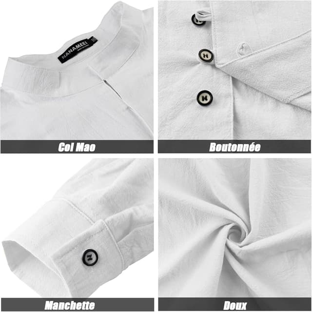 Detalle de NANAMEEI chemise homme en lin et coton à manches longues, col mao boutonné