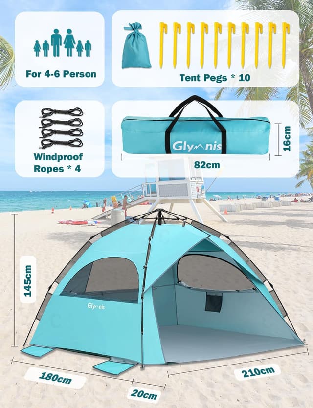 Detalle de Glymnis Large Pop Up Beach Tent (for 4-6), Instant Automatic UV Sun Shelter