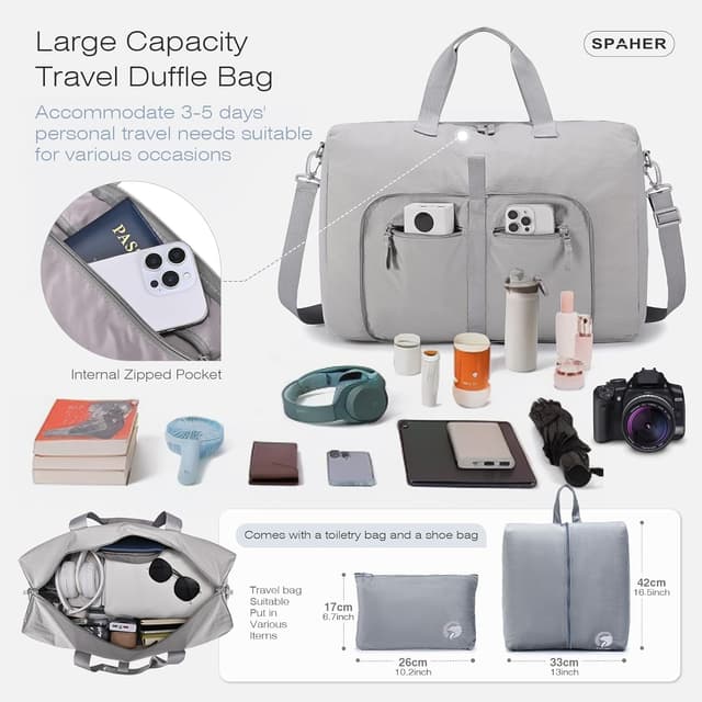 Detalle de SPAHER borsone da viaggio pieghevole 40L (55x35x20 cm) con sacchetto scarpe e beauty case, grigio scuro