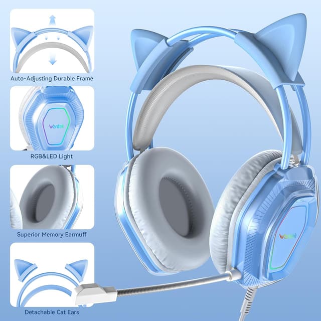 Detalle de Wantek Wantak Katzenohr Kopfhörer mit Mikrofon (kabelgebunden, 3,5 mm/USB) – Gaming-Headset für PC, PS5, Xbox – Noise Cancelling, 20–20.000 Hz, Blue