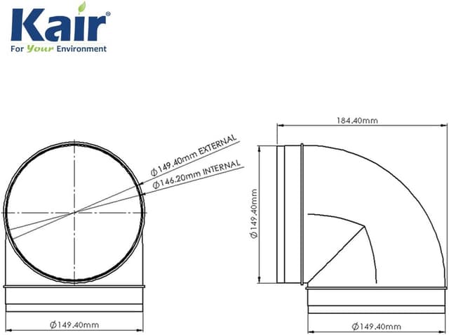 Detalle 2 de Kair 90 Degree Elbow Bend 150mm (6 inch) Plastic Ducting Joint