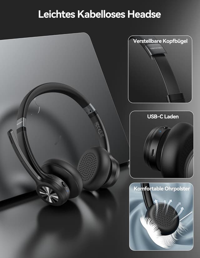 Detalle 2 de TECKNET V5.2 Bluetooth Headset 50 Std. Akku