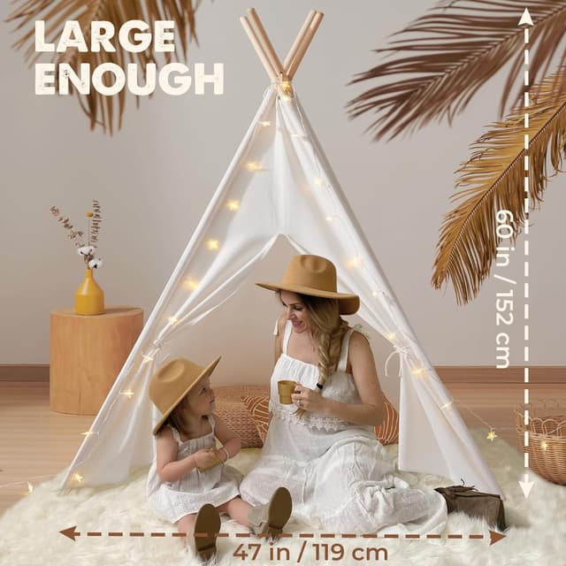 Detalle de Tiny Land kids teepee tent with padded mat, fairy lights and carry bag (Raw White Canvas)