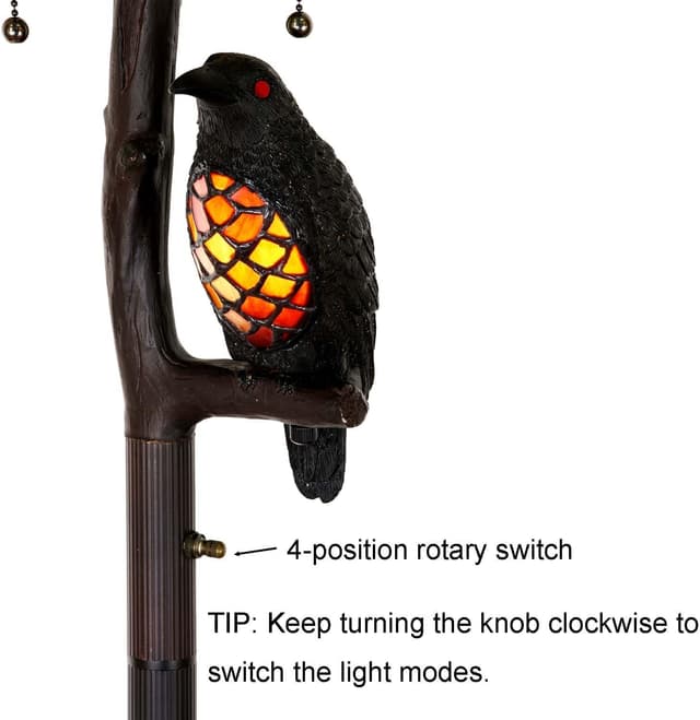 Detalle 2 de Bieye L30936 Ravens Tiffany-style stained glass floor lamp with night light, 65 inches (Black/Red)