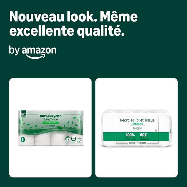 Detalle 2 de Papier toilette by Amazon – 3 épaisseurs, 100% recyclé, 8 rouleaux (200 feuilles) – certifié FSC