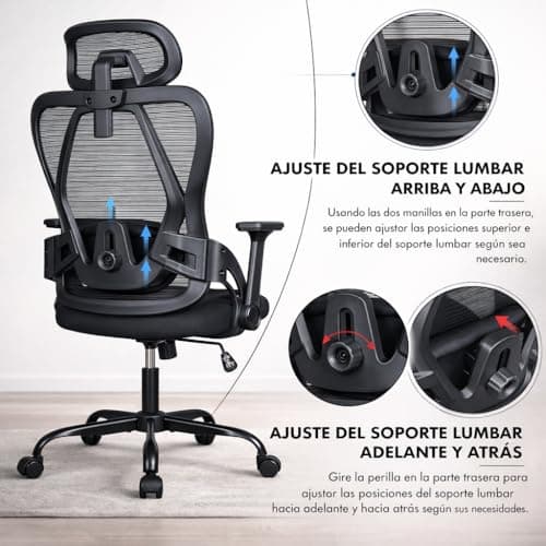 Detalle 2 de Silla de oficina ergonómica T-LOVENDO.ES con soporte lumbar ajustable, malla transpirable y reposacabezas