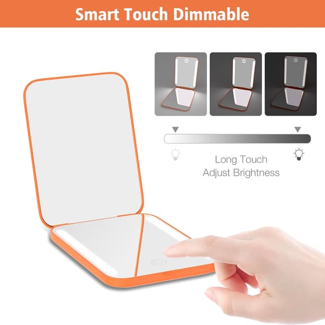 Detalle de Kintion Rechargeable Pocket Mirror (Double-Sided 1X/3X) with 3 Color Lights, Dimmable—Orange