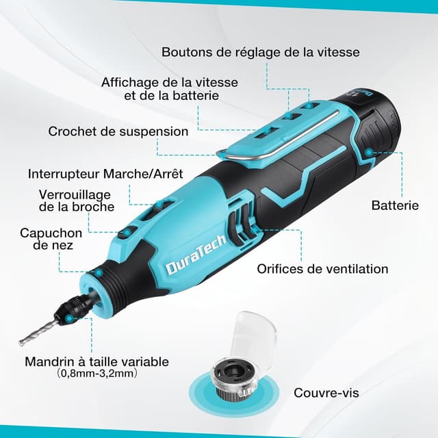 Detalle de DURATECH Outil rotatif multifonction sans fil 12 V (118 accessoires) — 7 vitesses variables 5000 à 35000 tr/min