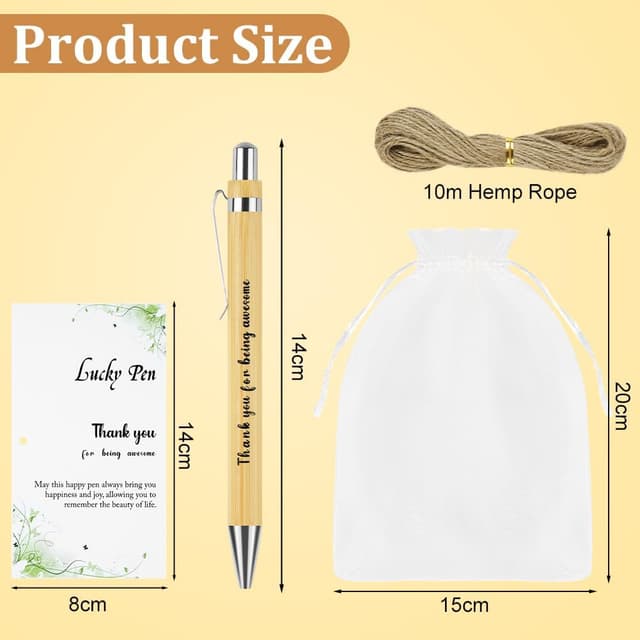 Detalle de OFFCUP Lot de 24 stylos à bille « Merci » en bambou, avec cartes et pochettes en organza