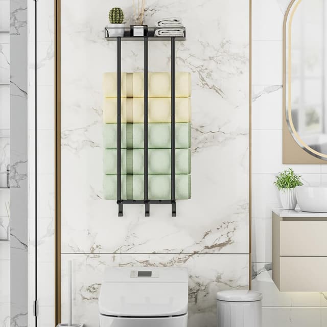 Detalle de Ovicar Handtuchhalter für Badezimmer (Wandmontage) mit Metallregal und 3 Haken – schwarz