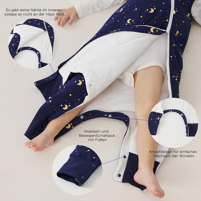 Detalle de Duomiaomiao Baby Schlafsack mit Füßen 2,5 TOG aus 100% Baumwolle (85 cm) – Winterschlafsack für Mädchen mit Cartoon-Mond & Sternen