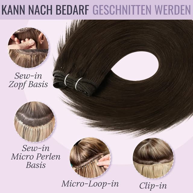 Detalle de Fshine Echthaar-Tressen zum Einnähen Dunkelbraun (60 cm), 100 g – für natürliche Haarverlängerungen