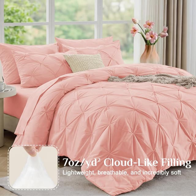 Detalle 2 de JOLLYVOGUE Queen Comforter Set (7-Piece) with Pintuck Microfiber Bedding, Pink