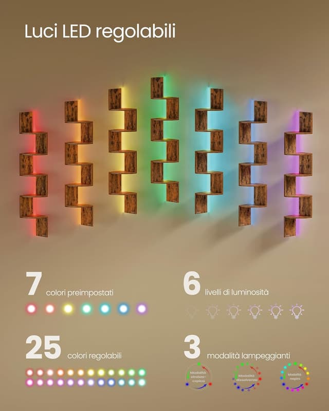 Detalle de VASAGLE LBC630K01 Mensola angolare da parete con luci LED RGB, 5 ripiani e telecomando