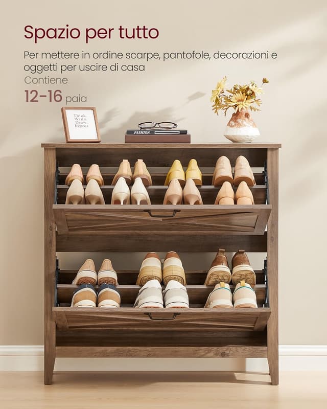 Detalle de VASAGLE LIRY HSC201K01 scarpiera slim a ribalta con 2 scomparti, stile farmhouse in marrone miele