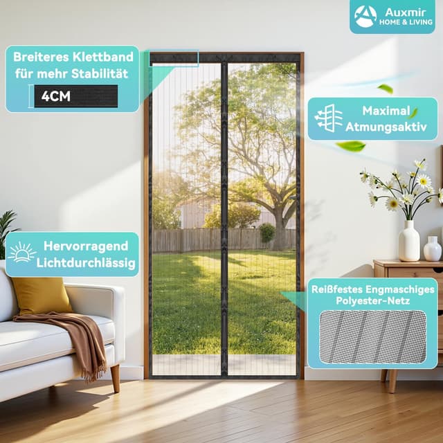 Detalle de Auxmir Fliegengitter Balkontür Magnet (90 x 190 cm) – Insektenschutz ohne Bohren, extra starke Magnete, Schwarz