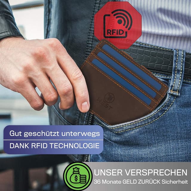 Detalle de WEST Magic Wallet (Klassiker) mit großem Münzfach – RFID Datenschutz Geldbeutel inkl. Geschenkbox in Braun/Orange