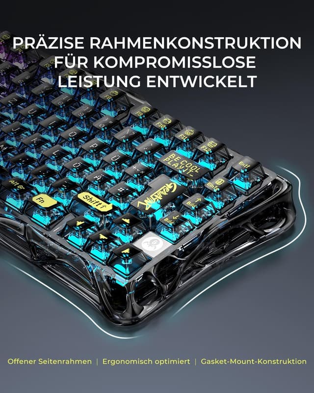 Detalle de GravaStar Mercury K1 Lite QWERTZ mechanische 75%-Tastatur (DE-Layout) – Tri-Mode kabellos & Hot-Swap – RGB, transparentes Schwarz