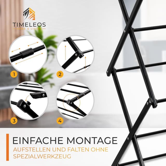 Detalle 2 de TIMELEOS Wäscheständer klein klappbar (6 Ebenen, 11 Stangen) für Badewanne, Balkon, Tür & Dusche