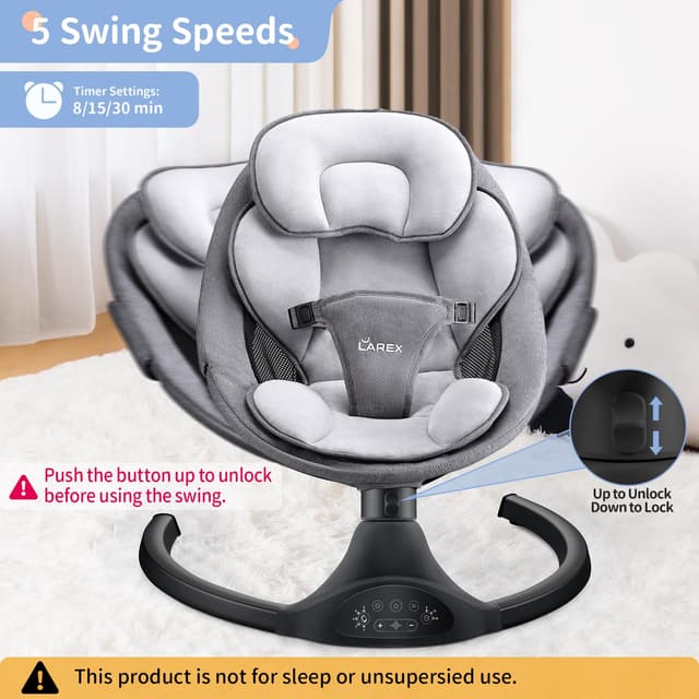 Thumbnail 1 de LAREX Baby Swing 5 Speeds, Bluetooth & Remote 👶
