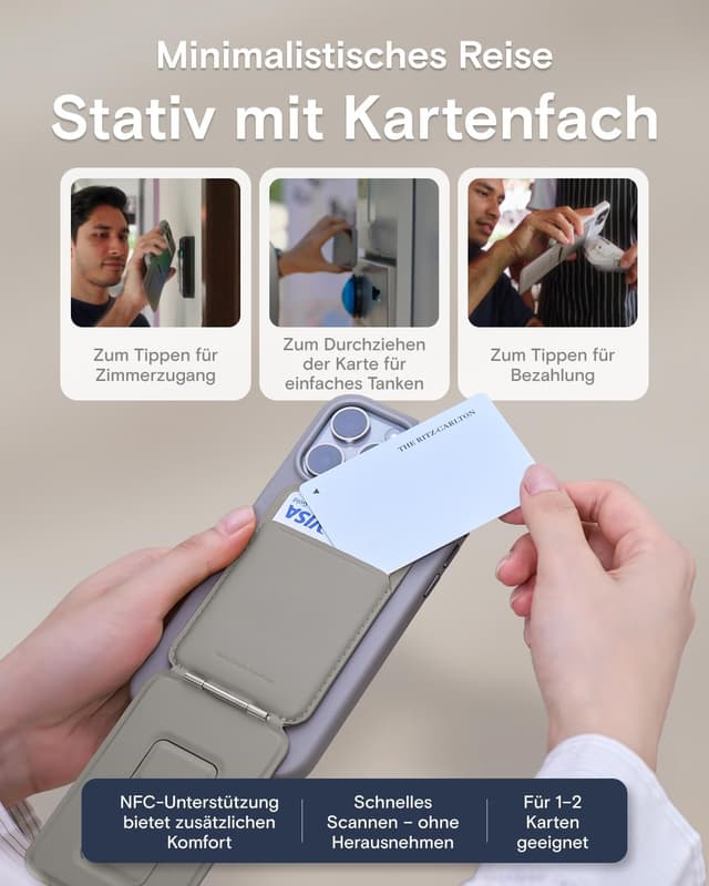 Detalle 2 de MOFT Handy Stativ für Smartphone (Ultra dünn & tragbar) mit MOVAS veganem Leder, MagSafe-Kartenhalter – 3-in-1 Taupe