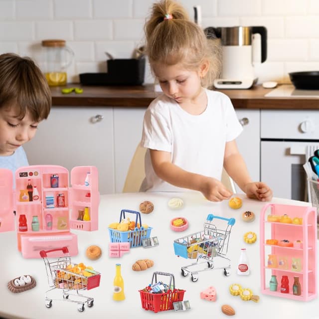 Detalle de DULEFUN 143-Piece Mini Shopping Cart Set for Dollhouse & Pretend Play