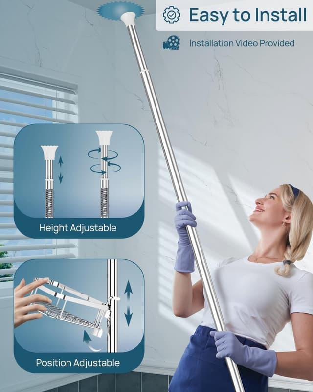 Detalle 2 de SEIRIONE Rustproof Shower Corner Caddy Organizer with Tension Pole, 4 Adjustable Shelves