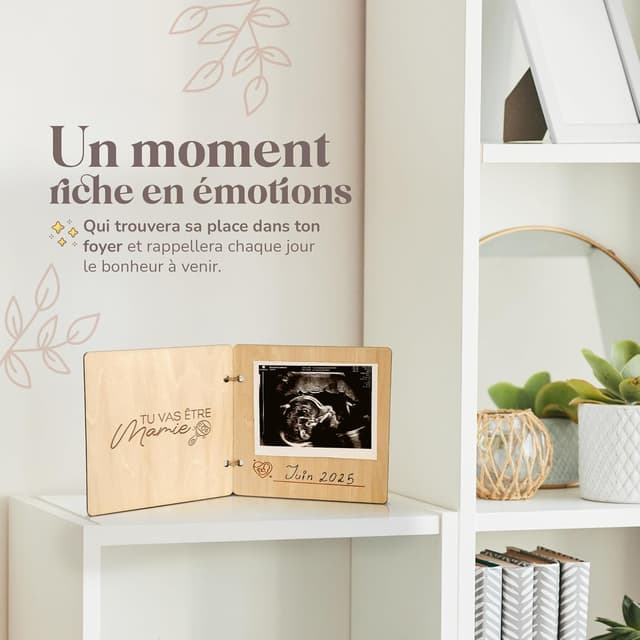 Detalle 2 de Annonce grossesse en bois : carte pour grand-parents, mamie, tata, tonton avec photo d’échographie
