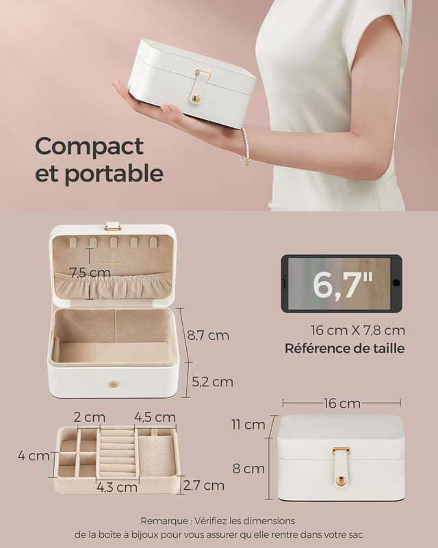 Detalle de SONGMICS Boîte à Bijoux de Voyage GISELLA, écrin portable à 2 niveaux (11 x 16 x 8 cm) – Blanc Nuage