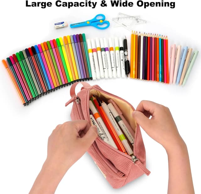 Detalle de FINPAC Trousse scolaire en velours côtelé avec poche zippée et dragonne (rose)