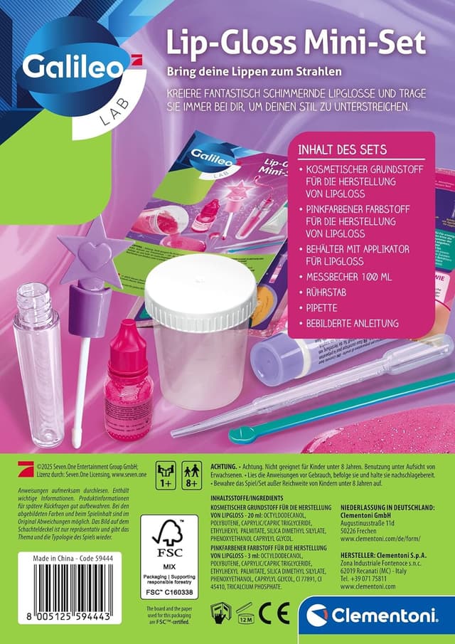 Detalle 2 de Clementoni Galileo Lab Lip-Gloss Mini Set (ab 8 Jahren) 59444 – Lipgloss selbst herstellen mit sicheren Inhaltsstoffen