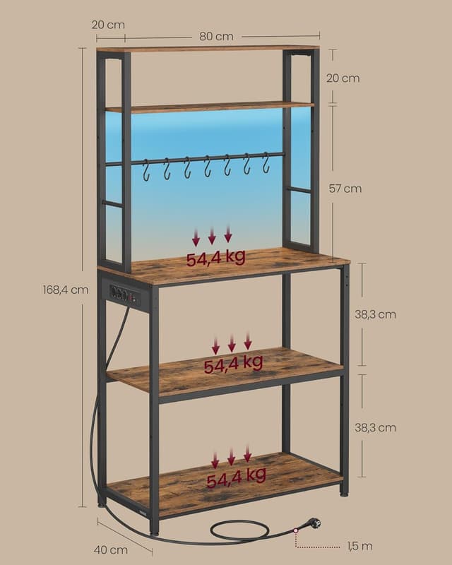 Detalle de VASAGLE Scaffale da cucina con LED KKS050KD01: microonde, multipresa e ripiani regolabili 40 x 80 x 168,4 cm